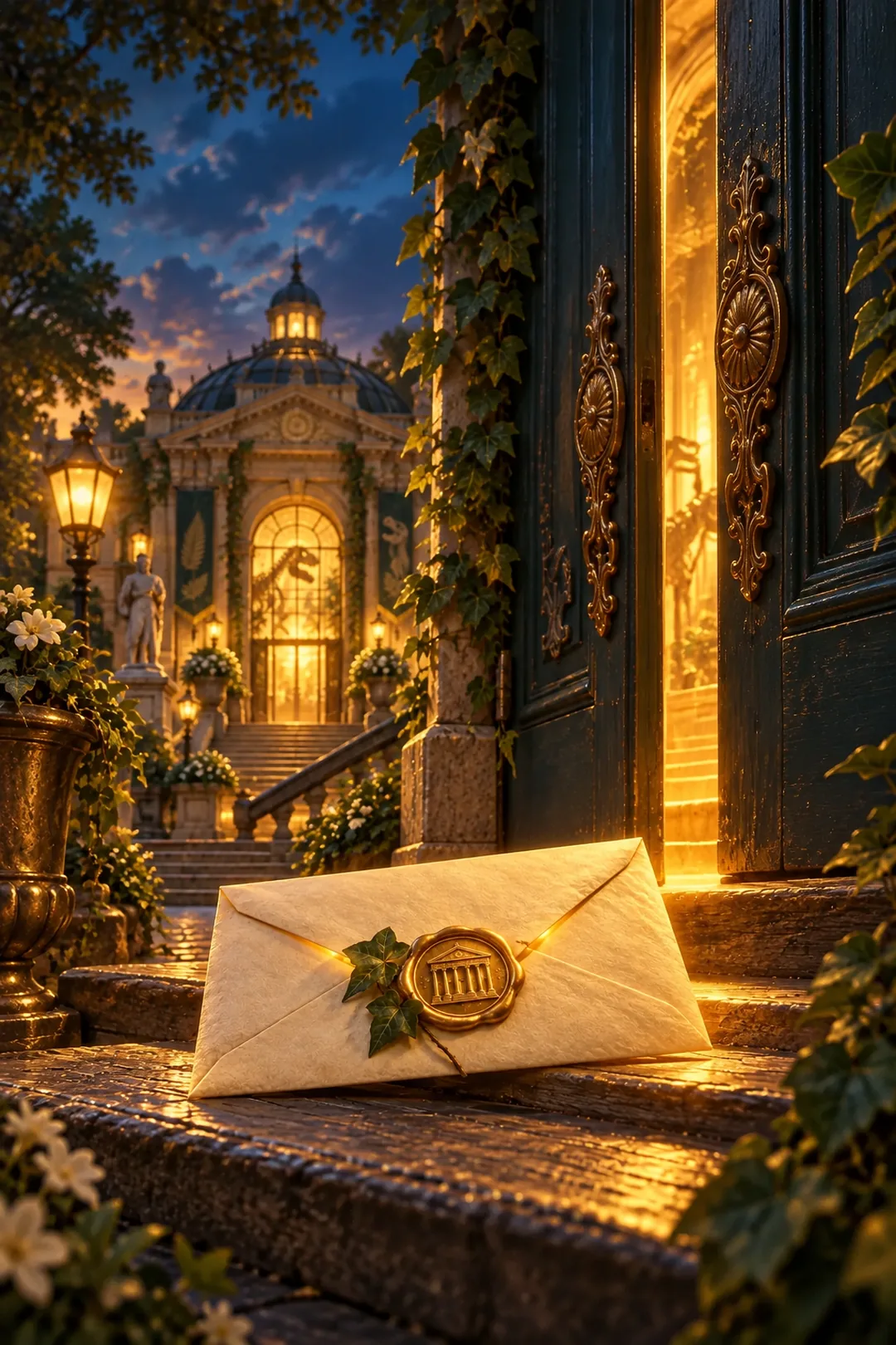 Een envelop met een gouden lakzegel op de stoep, de museumdeur op een kier met warm licht erachter