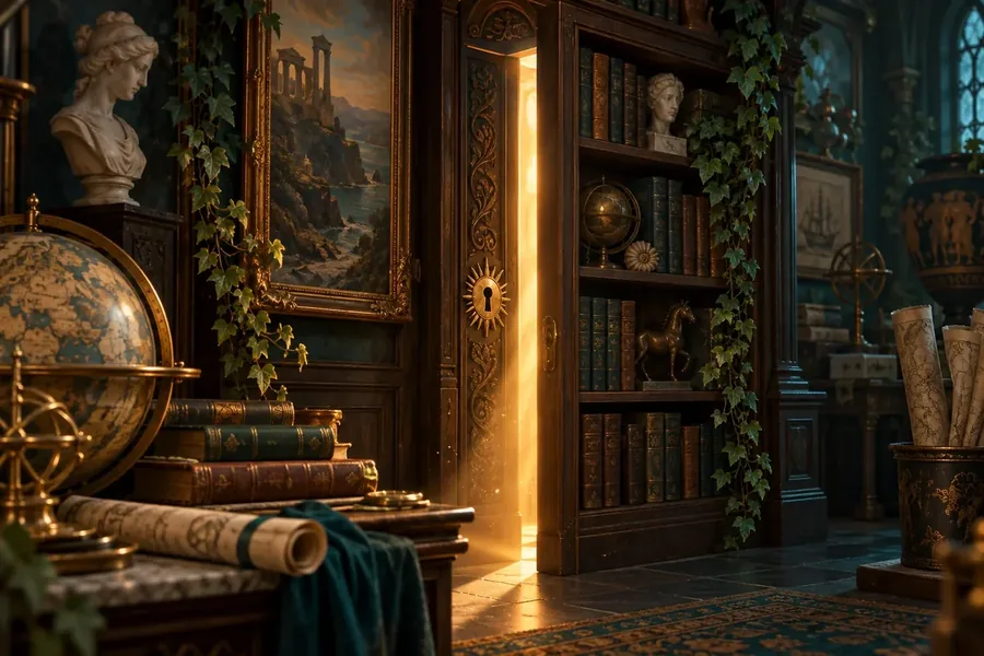 Een geheime deur achter een boekenkast, met licht erachter